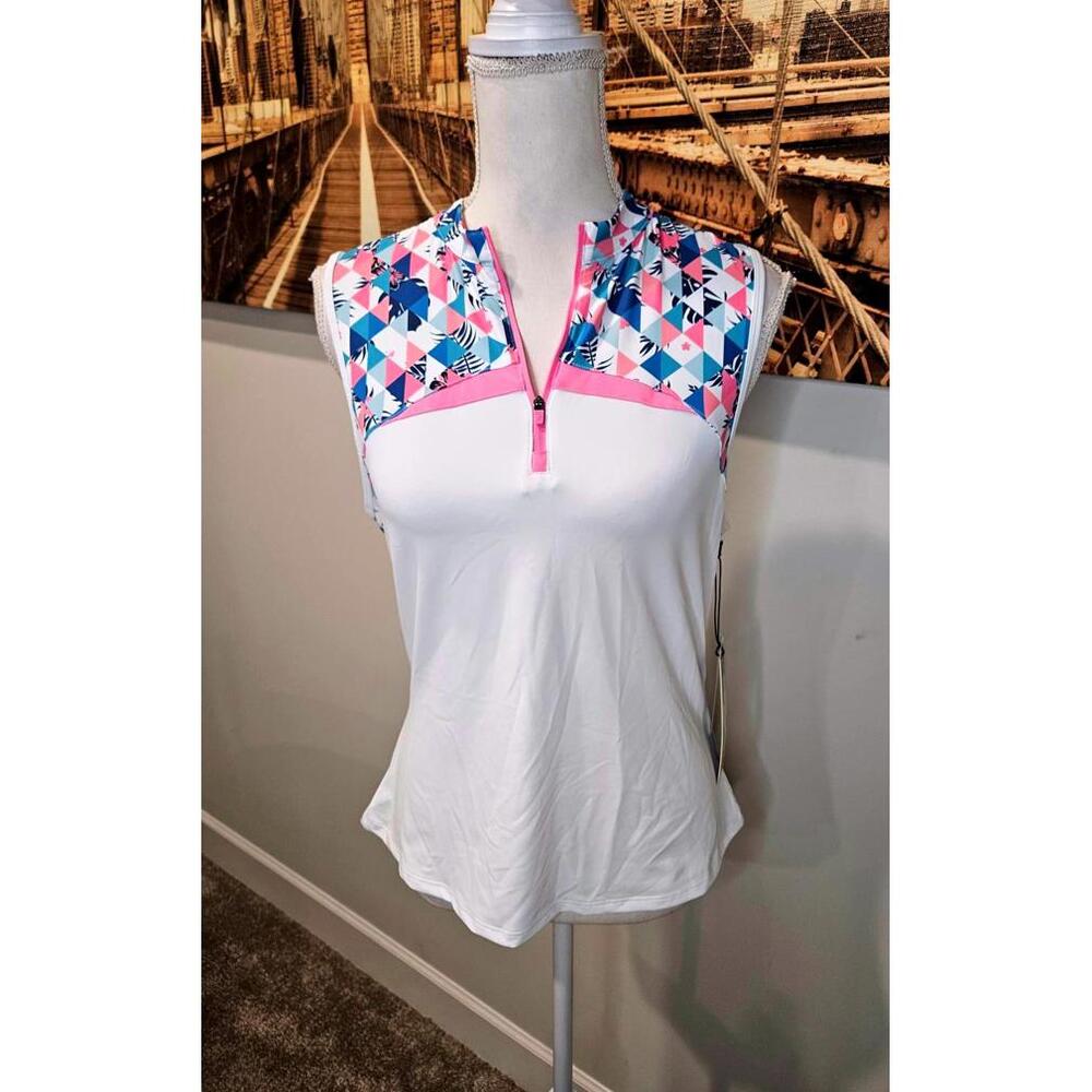 Kyodan Women's Sleeveless Golf Top - White with Pink and Blue Geometric Pattern